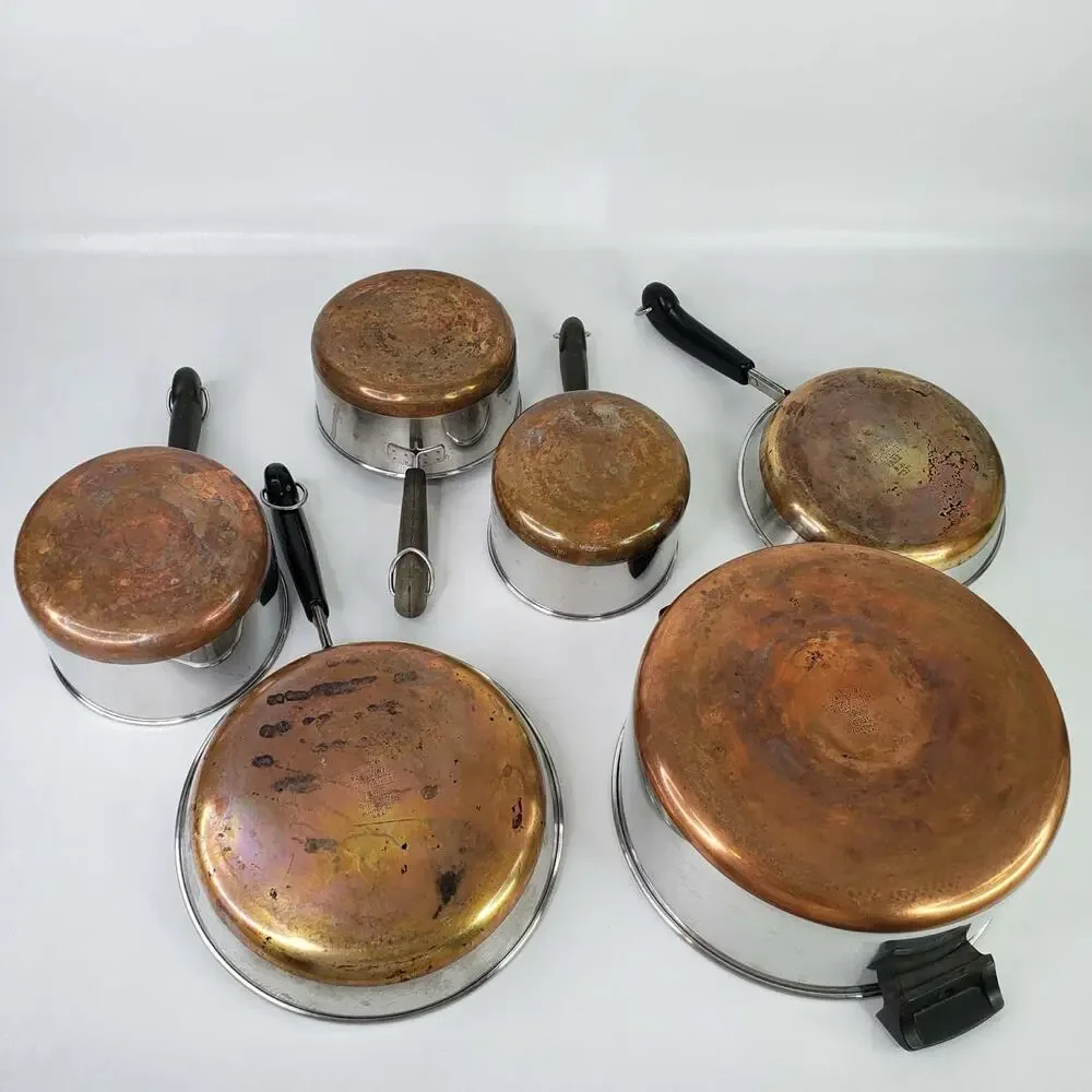 Vintage Revere Ware Copper Bottom 11 Piece Set Pots Pans Stock Skillet Lids